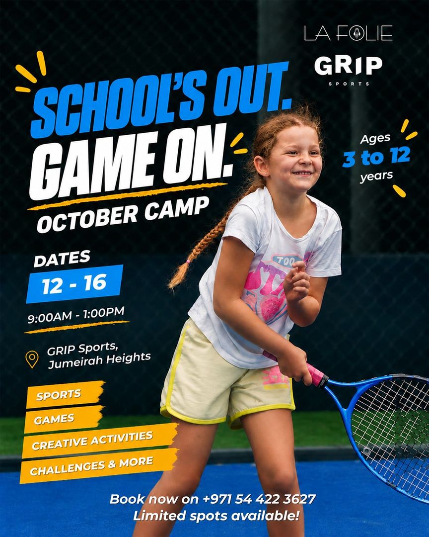 La Folie October 2026 camp, 12 to 16 October, 9 am to 1 pm, at Grip Sports Jumeirah Heights and HandPrint Umm Suqeim in Dubai. Registration open.